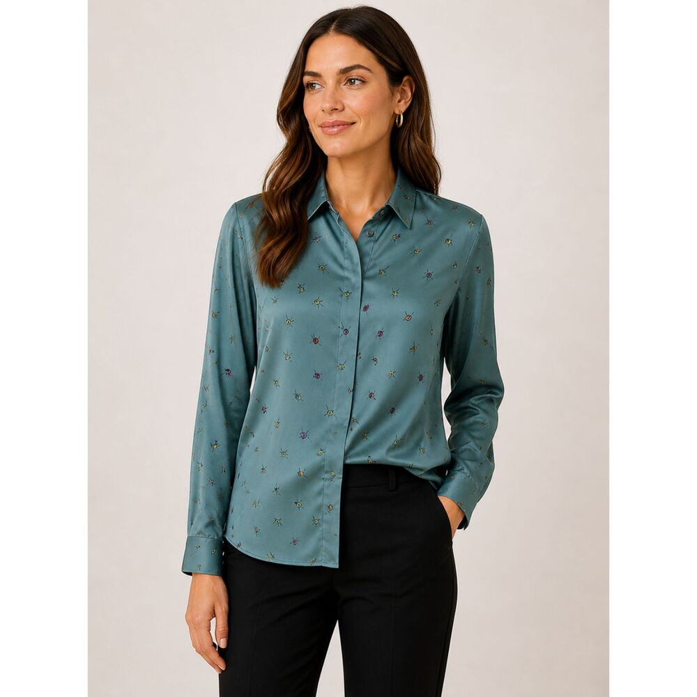 Marc Cain Teal Silk Button Down Shirt with Multicolor Ladybug Print